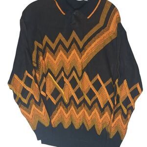 Vintage Tundra Geometric Orange Black Pullover Sweater Button Collar L Large